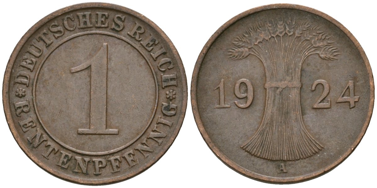 Германия 1 рентенпфенниг 1924 A KM 30, J. 306 бронза 4608-319
