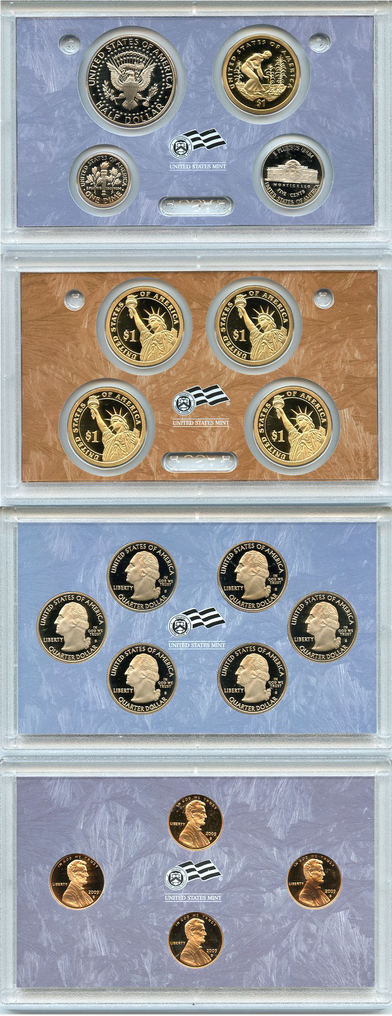 США официальный набор из 18 монет, в 4 пластиковых сетах 2009 годовой набор и юбилейные монет (1 доллар, 25 центов и 1 цент) KM PS 238   PROOF  4-5-2-01