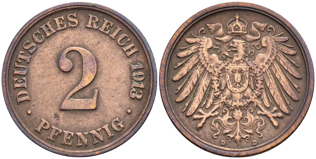 Германия 2 пфеннига 1913 D KM 16, J. 11, Weege 4 медь 4546-726