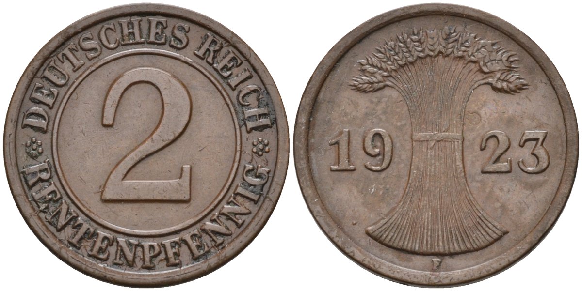Германия 2 рентенпфеннига 1923 F, выпуск 1924 года KM 31, J.307, Weege 3 медь 4584-557