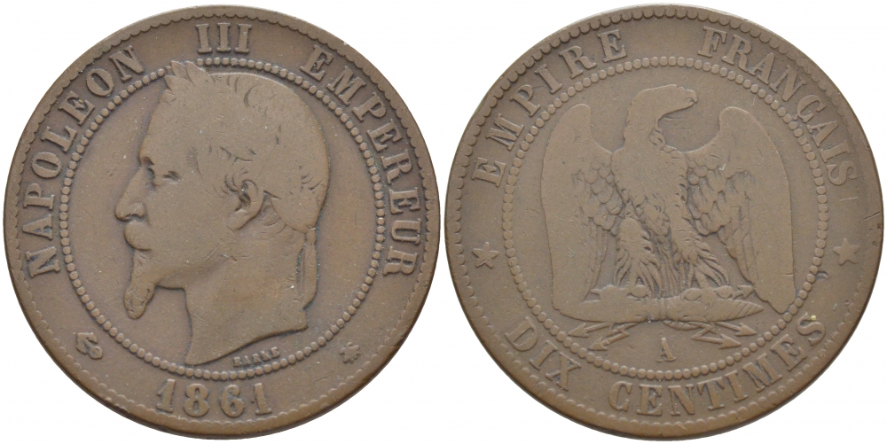 ФРАНЦИЯ 10 САНТИМОВ 1861 A, НАПОЛЕОН III (1852-1870) KM 798.1, LA FRANC 134.2 бронза 114-645