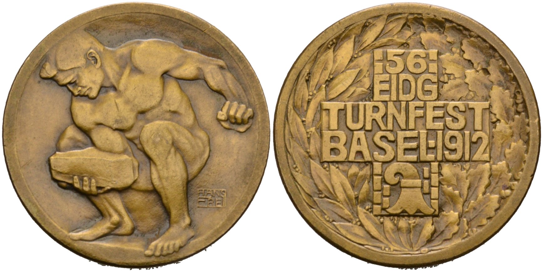 Швейцария медаль 1912 56-й Федеральный гимнастический фестиваль в Базеле, диаметр 34,5 мм. Aeppli 140, Hofer 170 бронза 1095-7-53