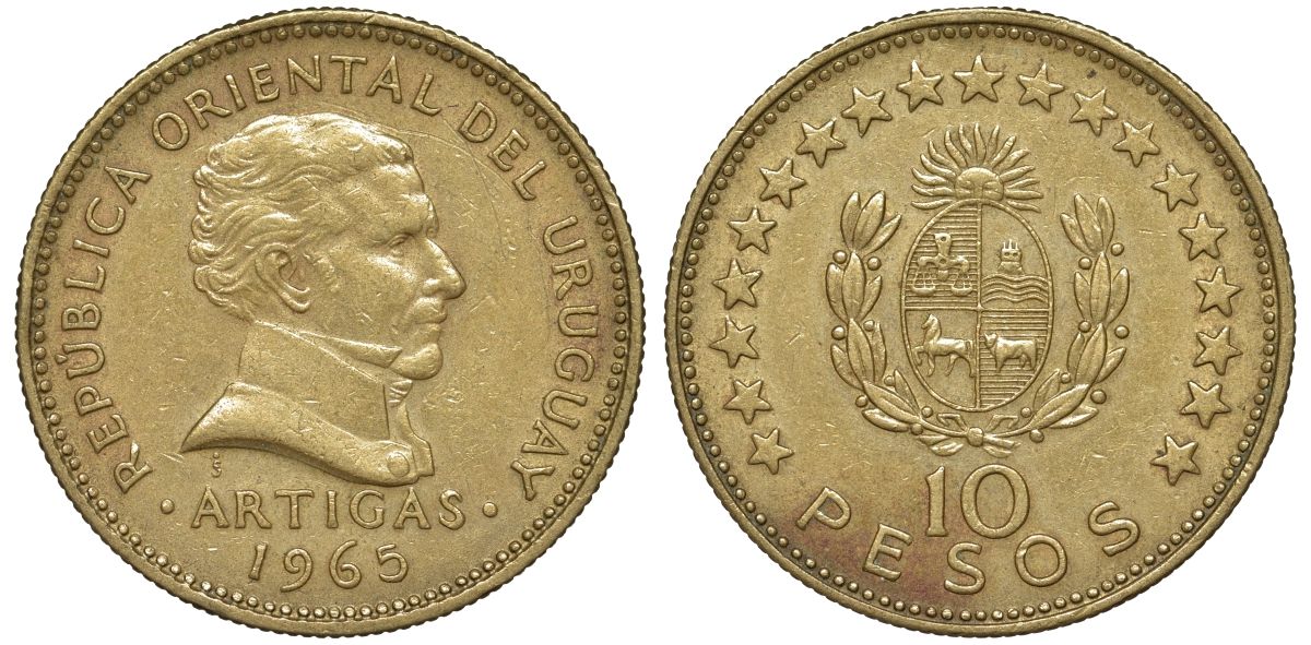 Уругвай 10 песо 1965 KM 48 алюминиевая бронза 4574-726