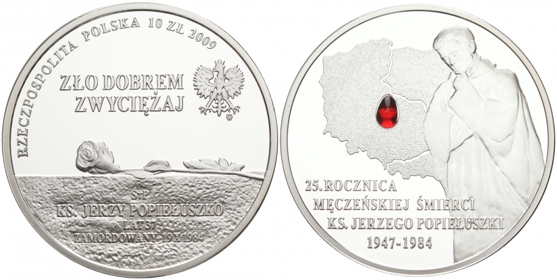 Польша 10 злотых 2009 25 лет со дня убийства Ежи Попелушко, красная слеза KM 701 серебро PROOF M1-18