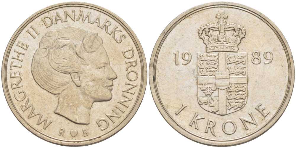 ДАНИЯ 1 КРОНА 1989 R; B, МАРГРЕТЕ II (1972-) KM 862.3 медно-никель 4390-132