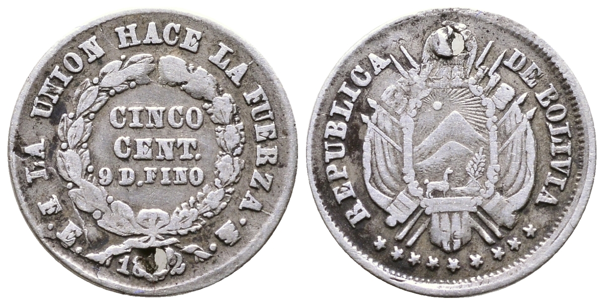 Боливия 5 сентаво 1872 F.E., с отверстием KM 156.3 серебро    220-327