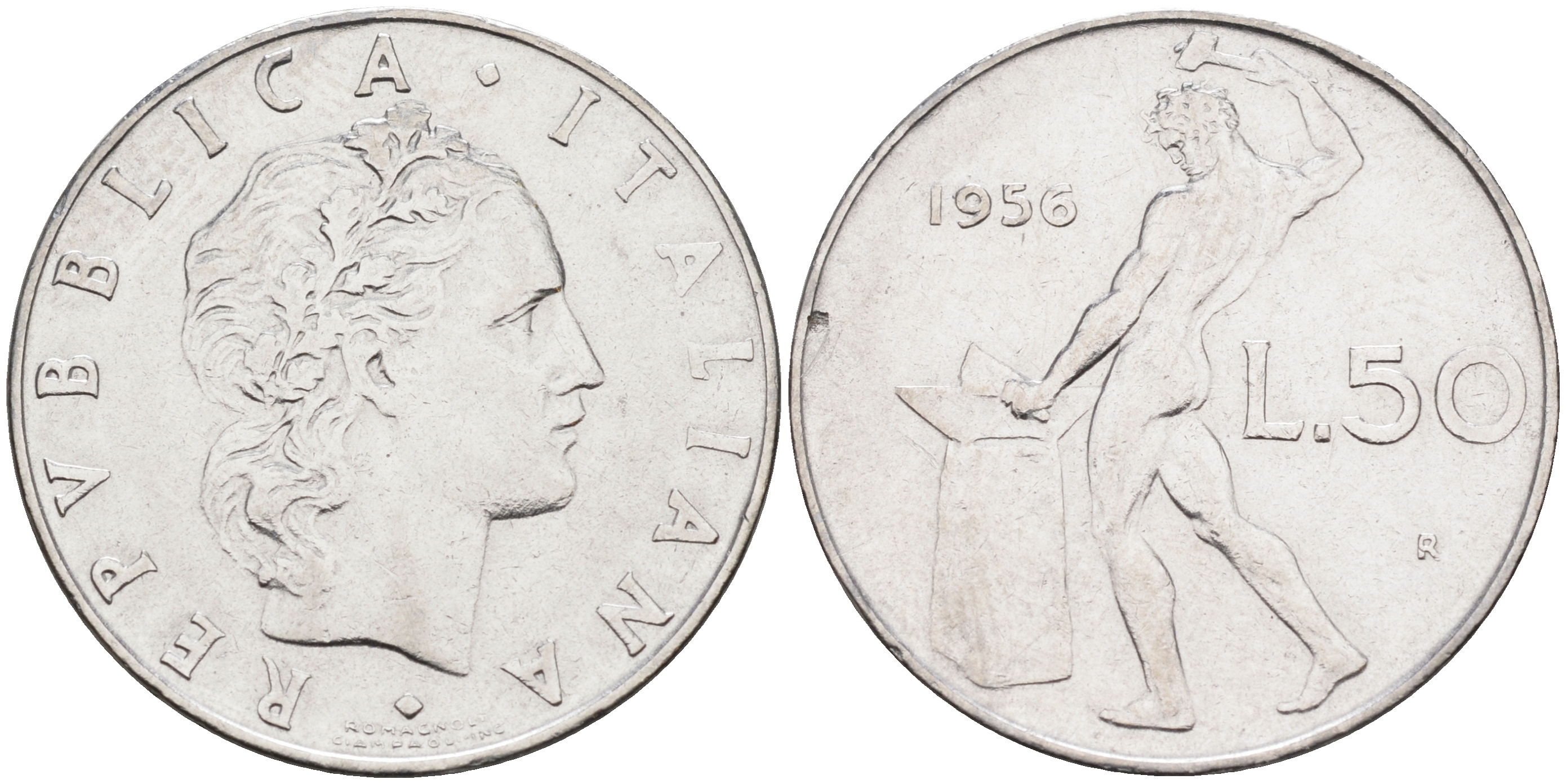 Италия 50 лир 1956 R, бог огня Вулкан у наковальни KM 95.1 нержавеющая сталь 4116-344
