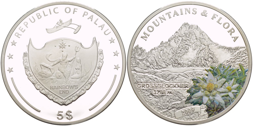 Палау 5 долларов 2009 горы и флора, Гросглокнер, 3788 метра, эмаль KM NEW серебро PROOF 1088-1-33