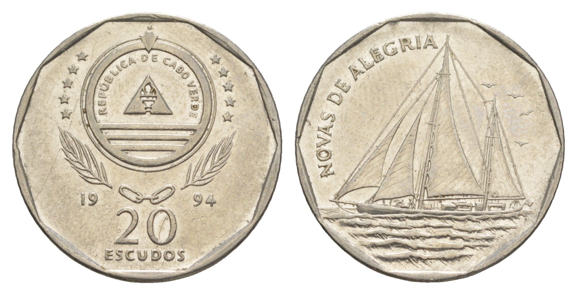 Кабо-Верде 20 эскудо 1994 Корабли - Novas de Alegria KM 42 сталь плакированная никелем 4641-1232