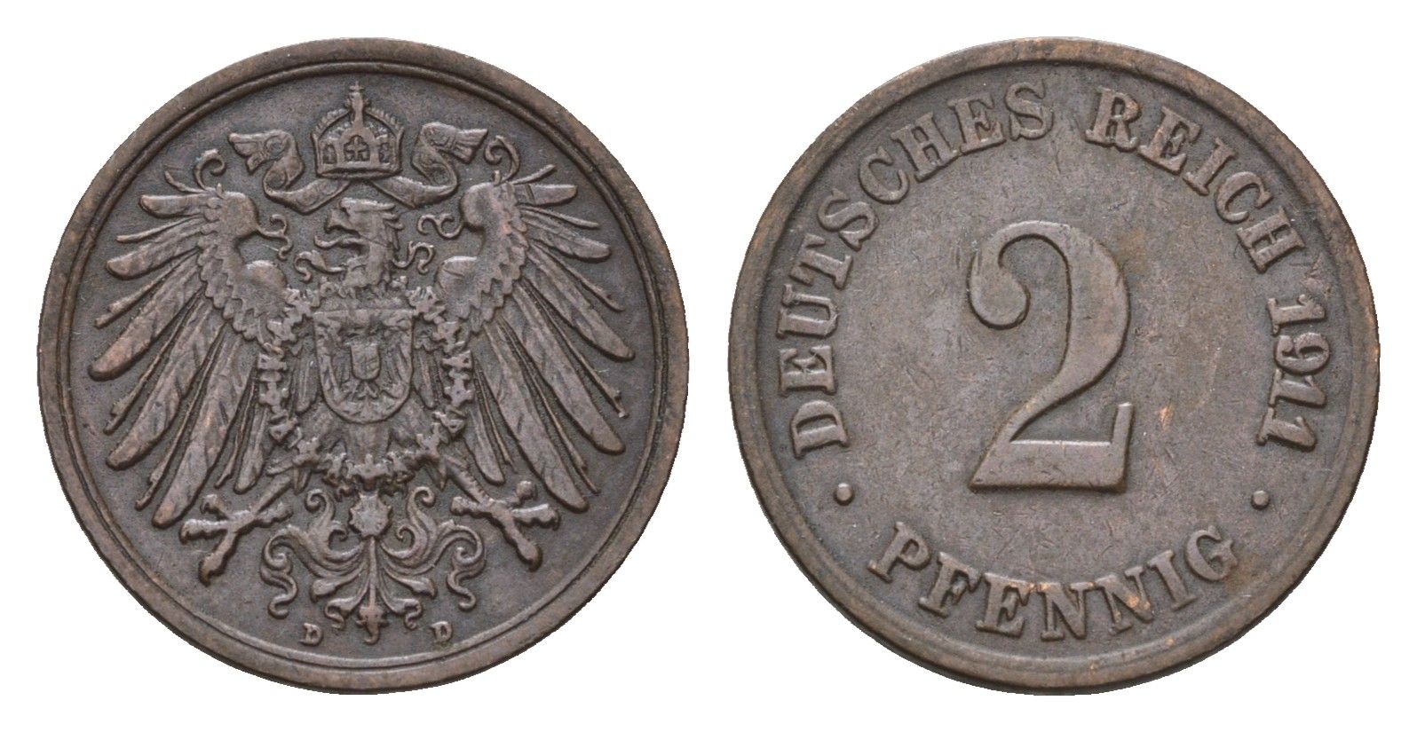 Германия 2 пфеннига 1911 D, Вильгельм II (1888-1918) KM 16, J. 11 медь 4684-1119