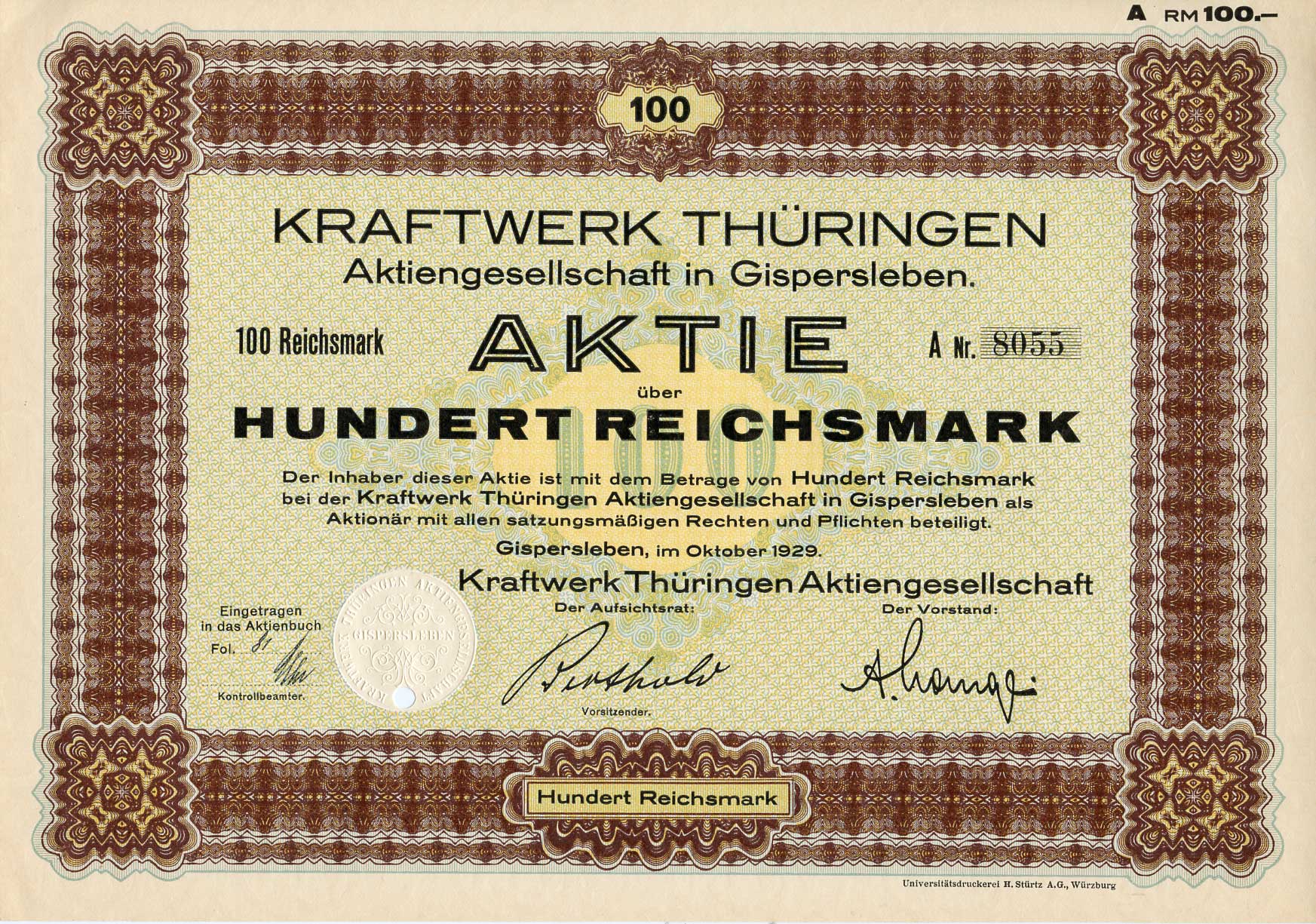 Германия 100 рейхсмарок 1929 АО Электростанция Тюрингии, акция бумага   8801-113-1