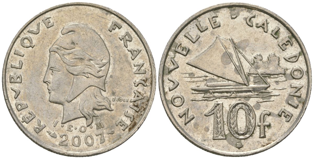 Французская Новая Каледония 10 франков 2007 рыбачья парусная лодка, (IEOM) KM 11a, Schoen 13a, Lec 99k медно-никель 57-444