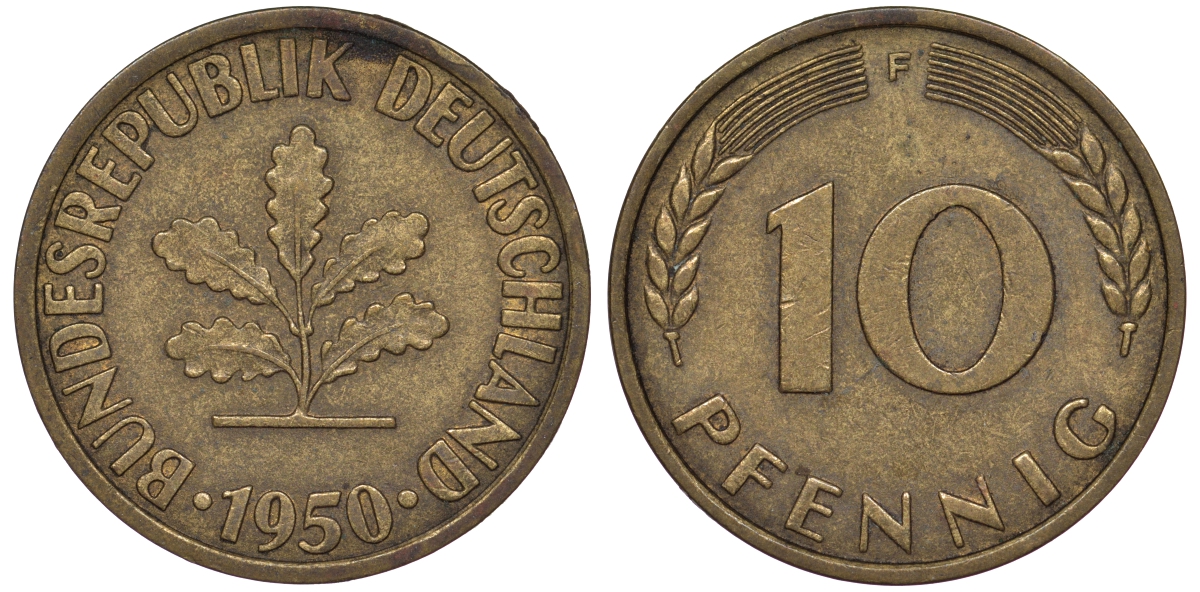 ФРГ 10 пфеннигов 1950 F KM 108, J 383 сталь плакированная латунью 25-1741