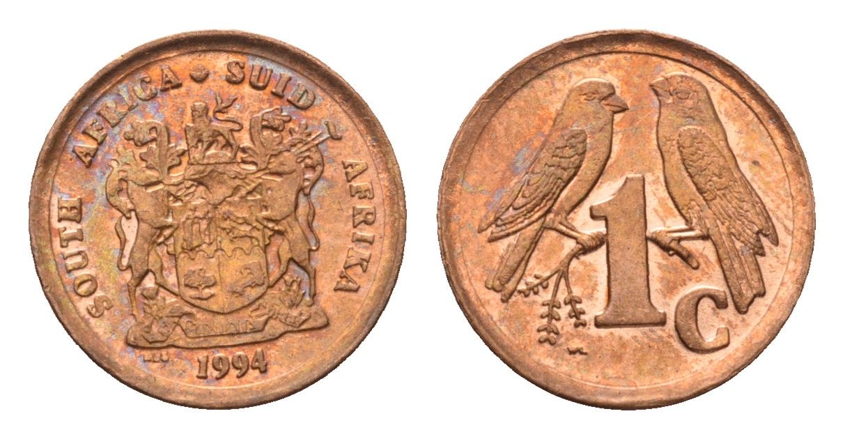 ЮАР 1 цент 1994 герб, капские воробьи KM 132 сталь плакированная медью UNC 4694-124