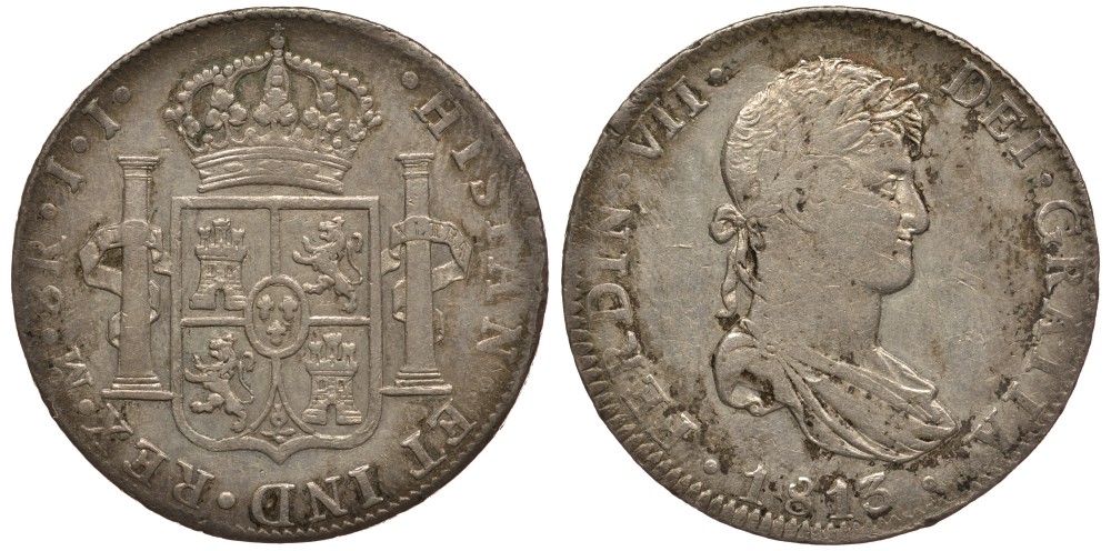 Мексика 8 реалов 1813 JJ, монетный двор Mo (Мехико Сити), Фердинанд VII Испанский (1808-1821) KM 111 серебро 00-00