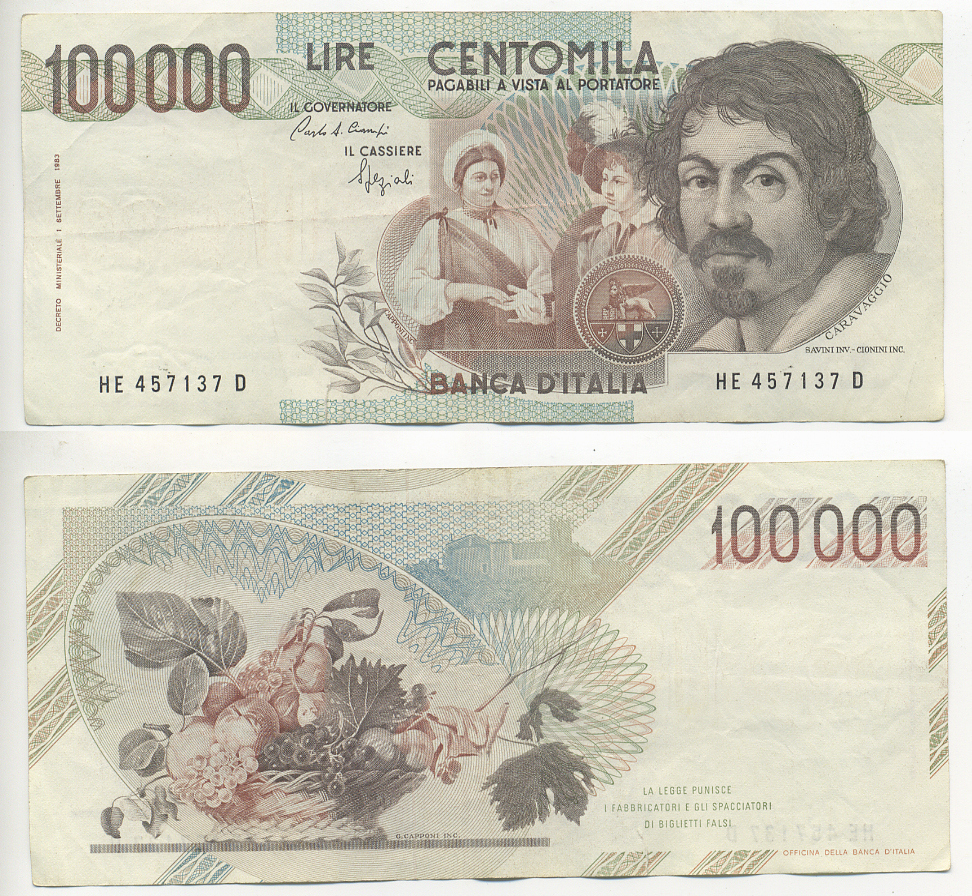 Италия 100000 лир 1983 Караваджо, фруктовый букет, подпись Speziali Pick 110b бумага 7220-19-2