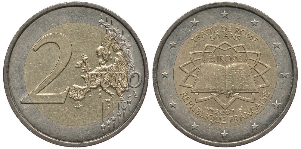 Франция 2 евро 2007 50 лет Римскому договору KM 1660 биметалл 4384-643