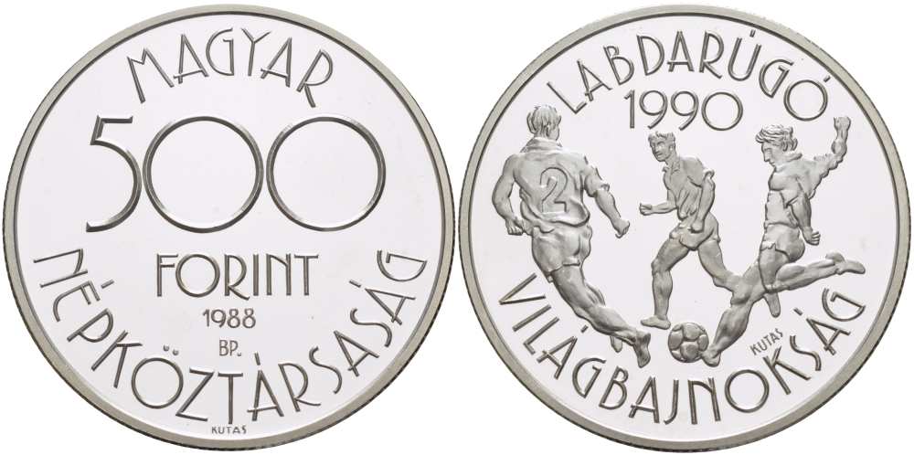 Венгрия 500 форинтов 1988 чемпионат мира по футболу в Италии 1990 года KM 667 серебро PROOF 1074-9-54