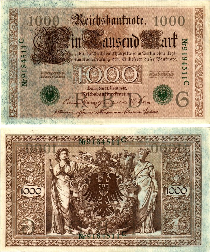 Германия 1000 марок 1910 Pick 45b бумага aUNC 7375-50-3-2