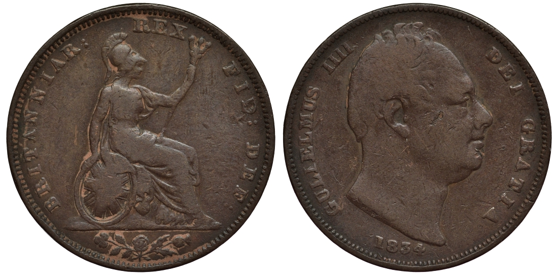 Великобритания 1 фартинг 1834 Вильгельм IV (1830-1837) KM 705, Spink 3848 медь 1523-913