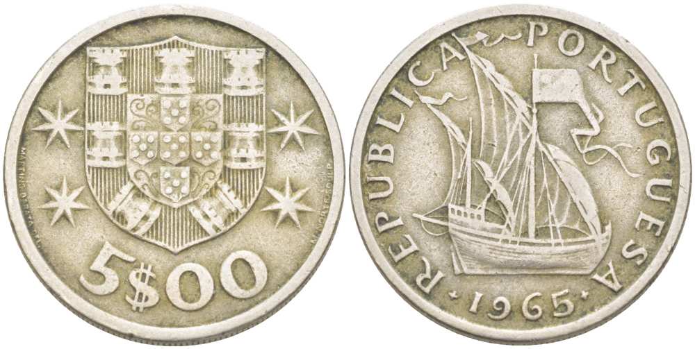 ПОРТУГАЛИЯ 5 ЭСКУДО 1965 ПАРУСНИК KM 591 медно-никель 4513-1037