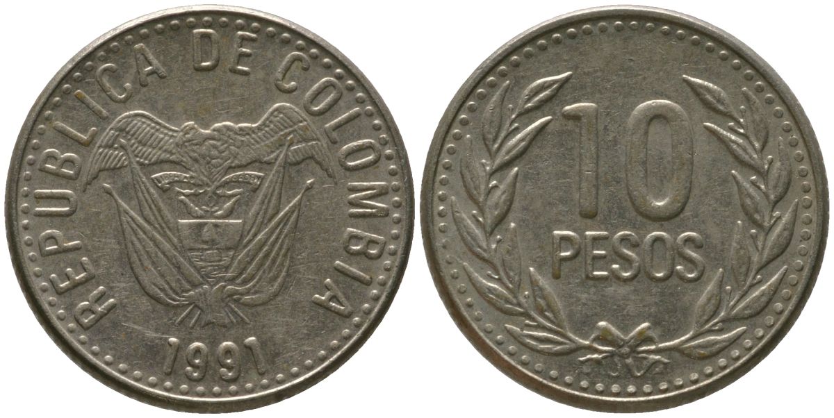 Колумбия 10 песо 1991 KM 281 никель латунь 4538-644