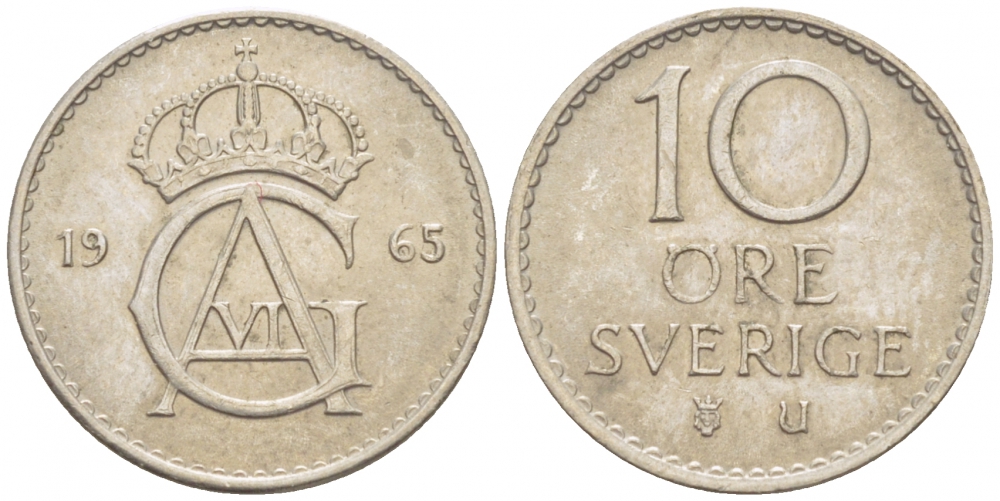 Швеция 10 эре 1965 U, Густав VI Адольф (1950-1973) KM 835 медно-никель 3996-1027
