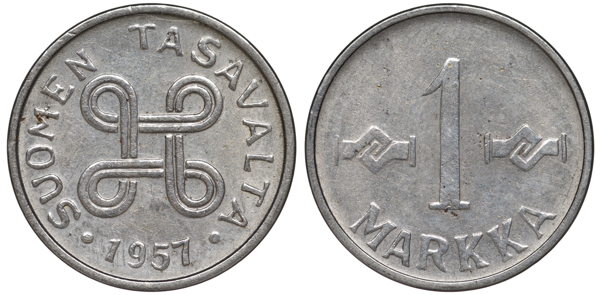 ФИНЛЯНДИЯ 1 МАРКА 1957 KM 36а железо плакированное никелем UNC 3334-1238