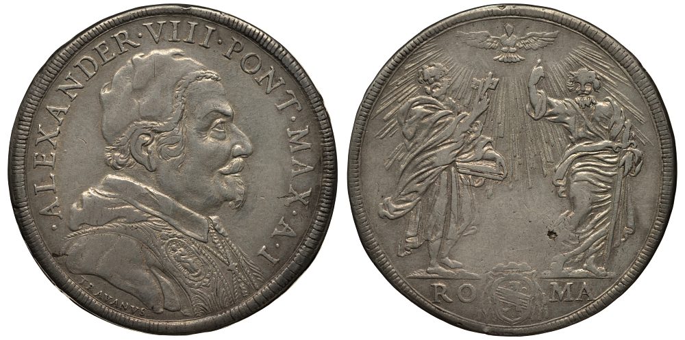 Ватикан 1 пиастр A I (1689/1690) Александр VIII, Святые Апостолы Петр и Павел, в Святом Духе Dav. 4099, Muntoni 13 серебро 00-000-00