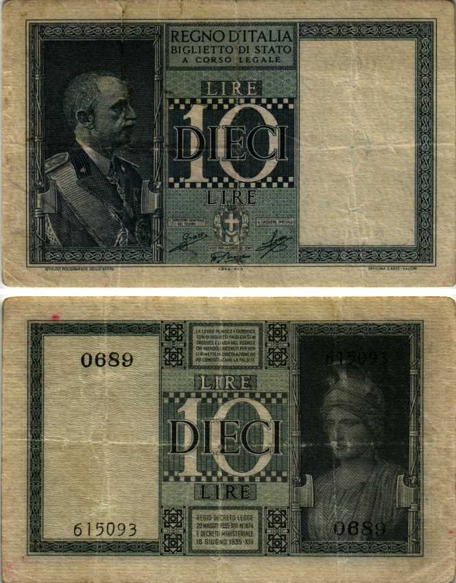 Италия 10 лир 1944 Король Виктор Эммануил III Pick 25c бумага 6312-58-3-1