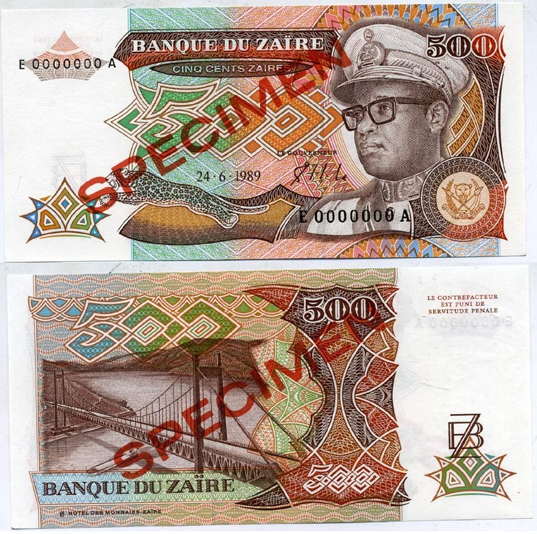 Заир 500 заиров 1989 Мобуту Сесе Секо в военной форме, мост через реку Конго. Образец, Specimen Pick 34 s бумага UNC (пресс) 6289-1-1-2