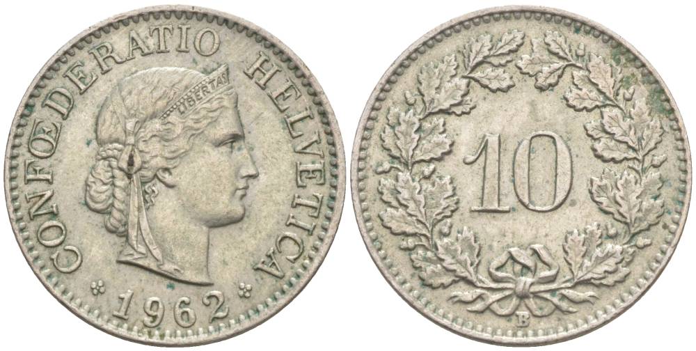 ШВЕЙЦАРИЯ 10 РАППЕНОВ 1962 В KM 27 медно-никель 55-336