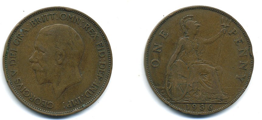 Великобритания 1 пенни 1936 Георг V (1910-1936) KM 838, Spink 4055 бронза 4110-246