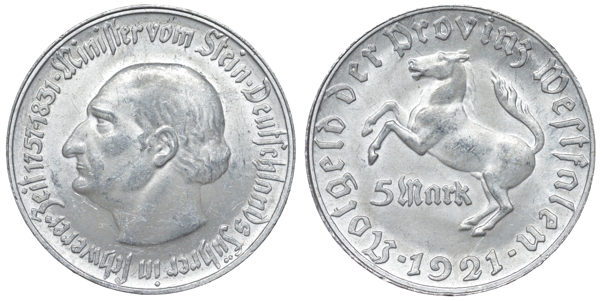 Германия, Вестфалия 5 марок 1921 северный Рейн-Вестфалия, нотгельд алюминий 4123-212