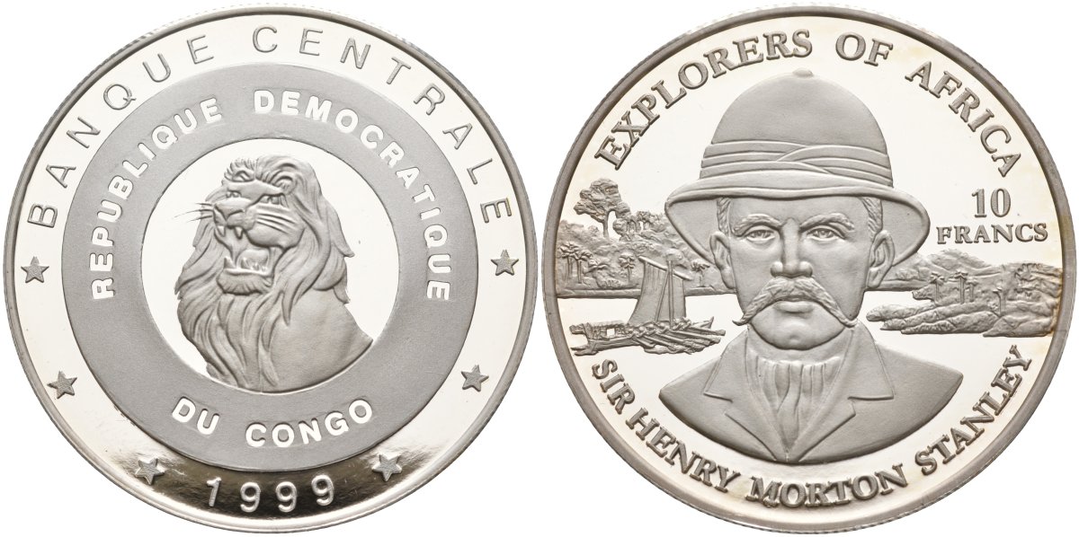 Конго 10 франков 1999 исследователи Африки - сер Генри Мортон Стенлей, тираж 10000 экз. KM 21 серебро PROOF 04-319-34
