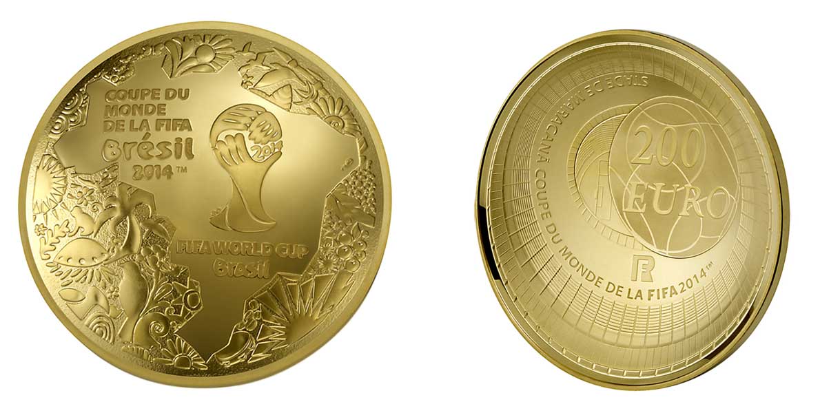 Франция 200 евро 2014 чемпионат мира по футболу в Бразилии 2014, кубок, FIFA, в оригинальной коробке KM 2170 золото PROOF 10-005-79