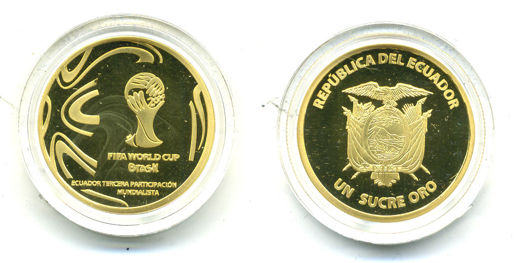 Эквадор 1 сукре 2014 чемпионат мира по футболу в Бразилии, в оригинальной коробке золото PROOF 00-00