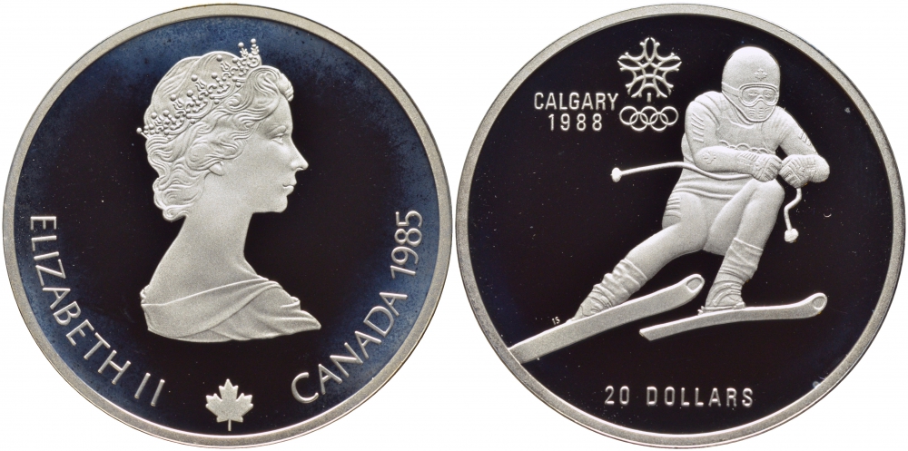 Канада 20 долларов 1985 XV зимние Олимпийские игры в Калгари 1988 года, слалом KM 145 серебро PROOF 04-102-31