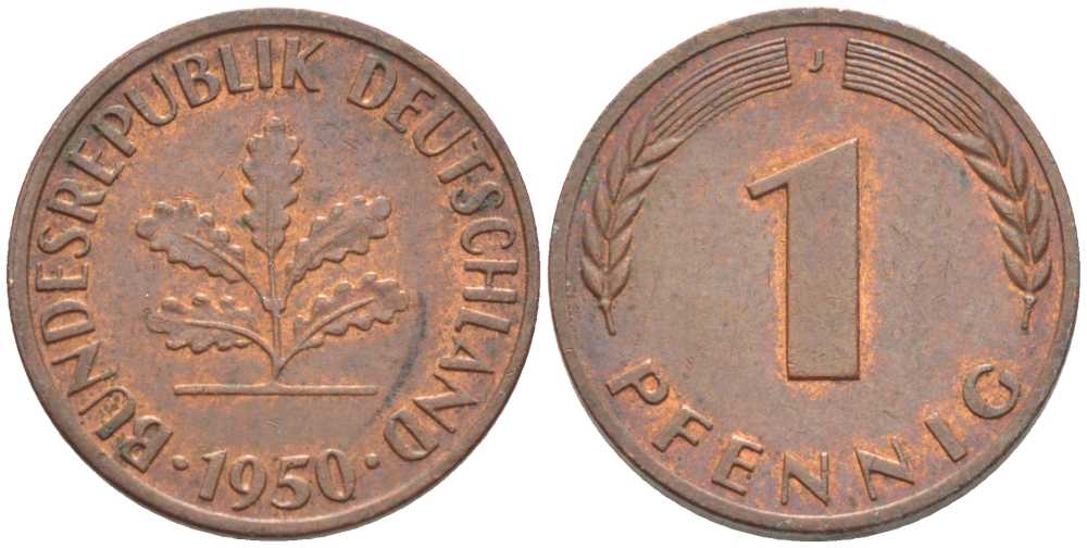 ФРГ 1 ПФЕННИГ 1950 J KM 105, J. 380 сталь плакированная медью 116-345