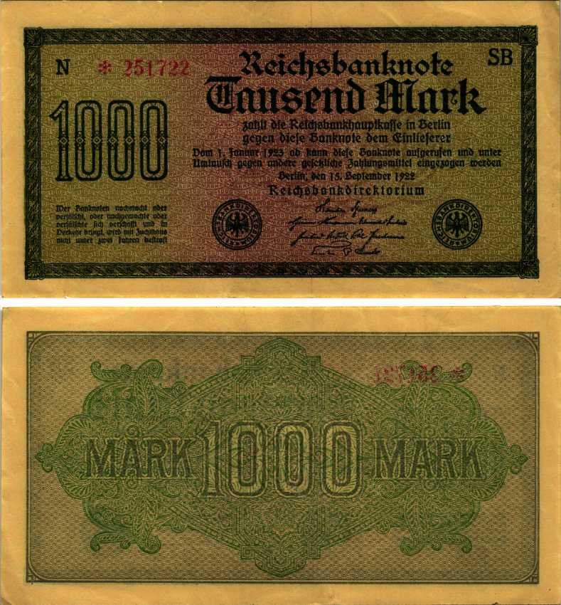 ГЕРМАНИЯ 1000 МАРОК 1922 15 СЕНТЯБРЯ 1922, ВОДЯНОЙ ЗНАК I, ЖЕЛТАЯ БУМАГА, СЕРИЯ SВ Pick 76b, Rosenberg 75d бумага 7183-62-2-1