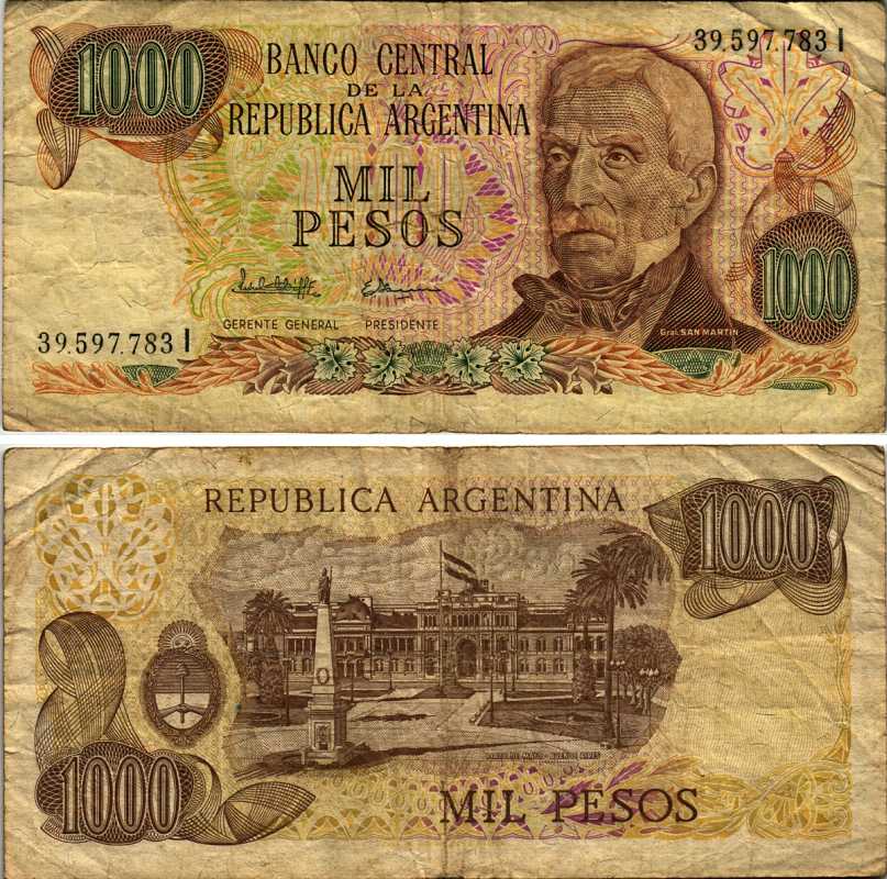 Аргентина 1000 песо 1982 серия I 39597, Генерал Сан Мартин Pick 304d бумага 8606-44-1-2