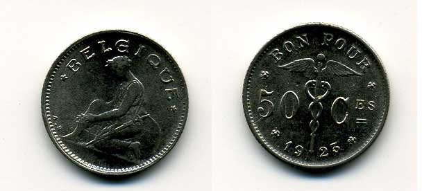 БЕЛЬГИЯ 50 САНТИМОВ 1923 BELGIQUE KM 87 никель 46-231