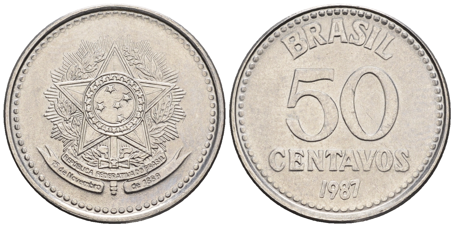 Бразилия 50 сентаво 1987 реформа 1986-1989 KM 604 нержавеющая сталь UNC 87-515