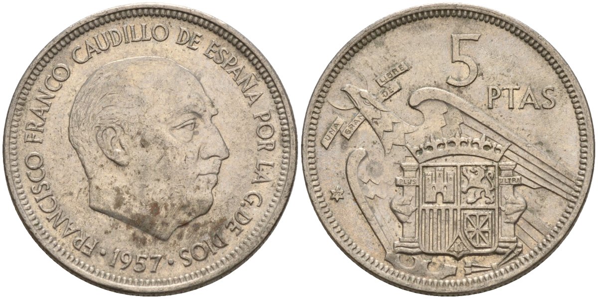 Испания 5 песет 1957 (71) Франсиско Франко (1939 - 1975) KM 786 медно-никель 4155-555