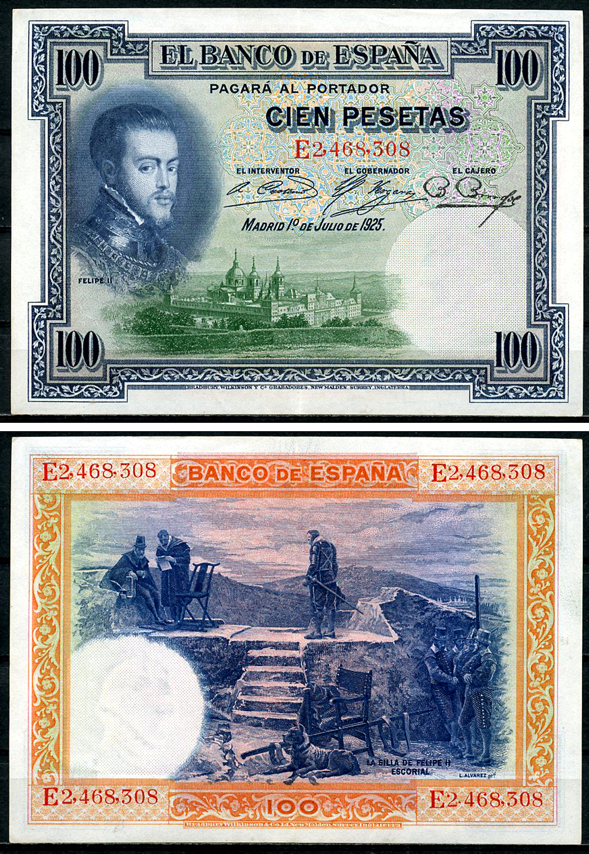 Испания 100 песет 1925 1 июля 1925, Филипп II (1556-1598), стул Филиппа II, Эль Эскориал Pick 69 c (1)  бумага   6294-71-3-1