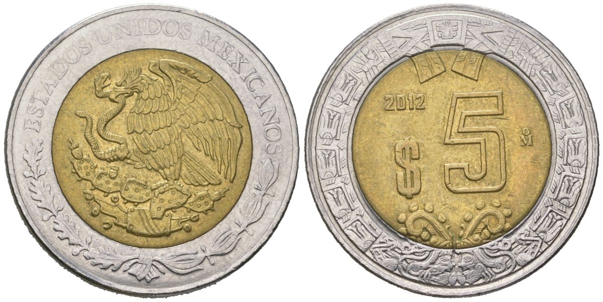 Мексика 5 песо 2012 KM 605 биметалл aUNC 4620-541