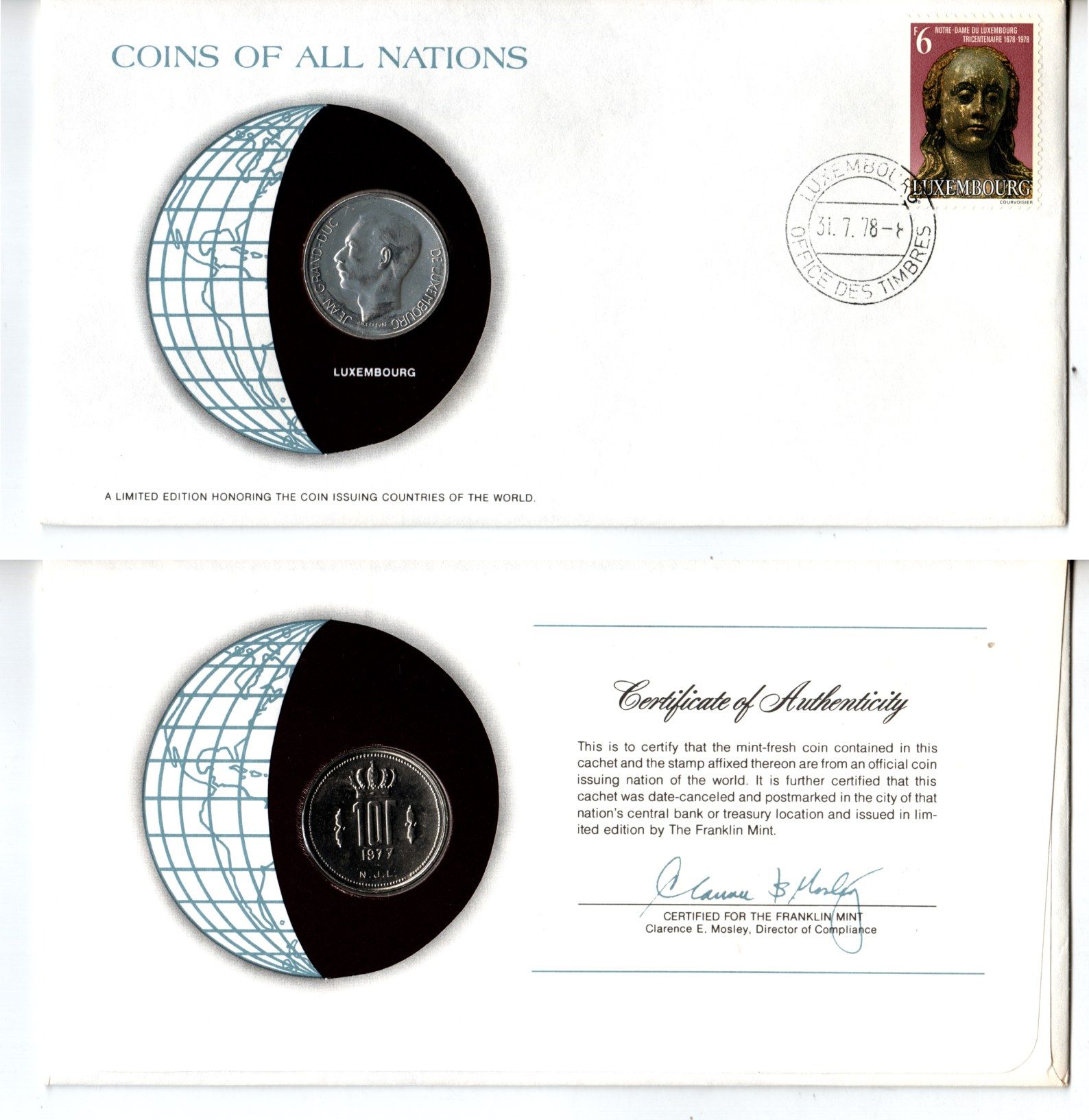 Люксембург 10 франков 1977 конверт с маркой первого дня гашения, Coins of Nations KM 57 никель UNC 4294-32-1
