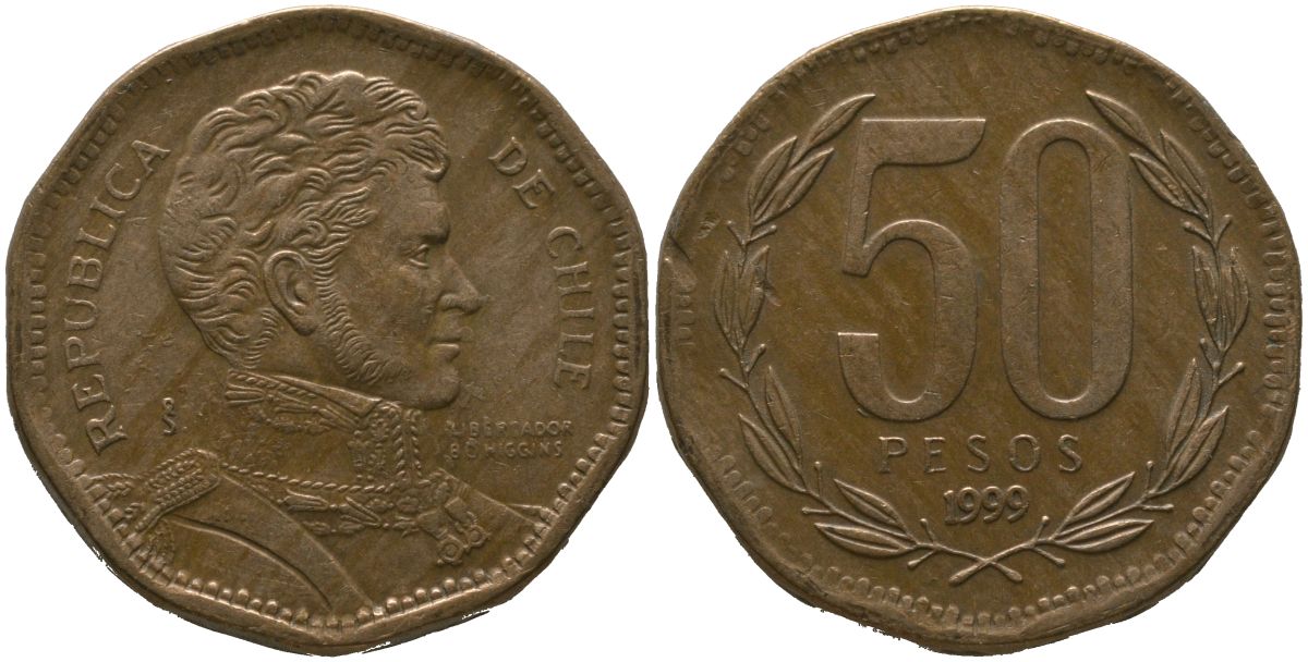 Чили 50 песо 1999 So KM 219.2, Schon 70 алюминиевая бронза 4544-321