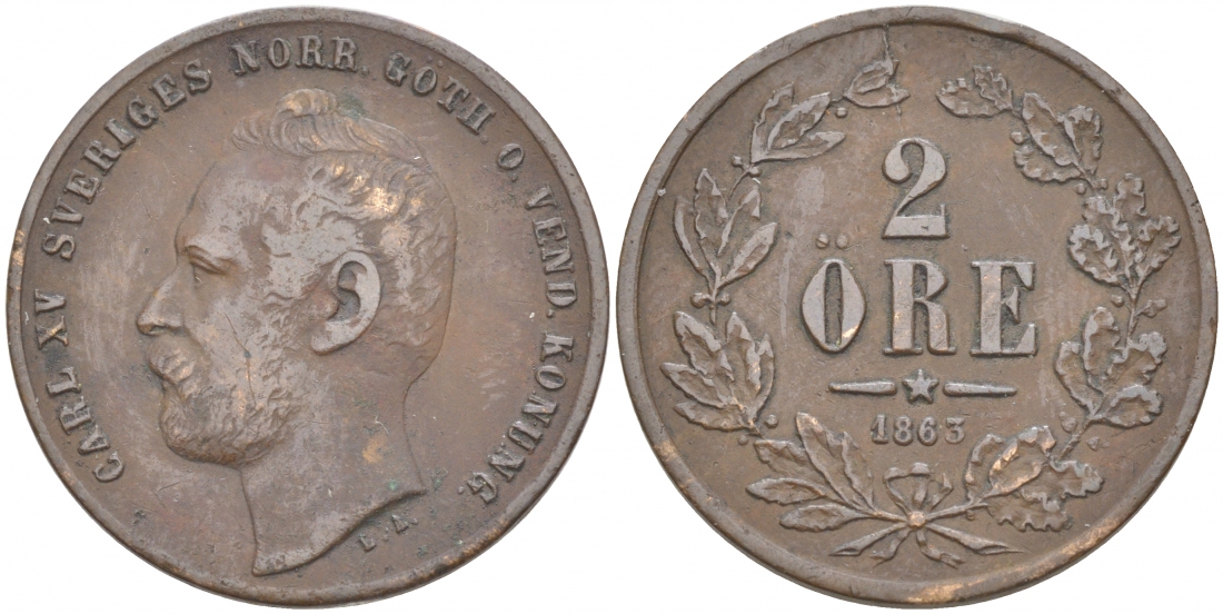 Швеция 2 эре 1863 Карл XV (1859-1872) KM 706 (491) бронза 186-231