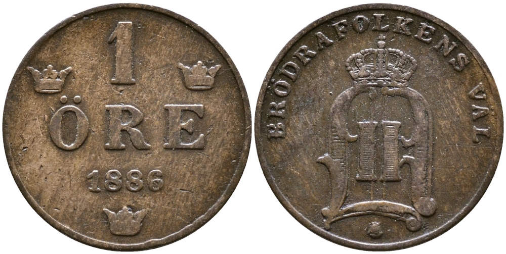 Швеция 1 эре 1886 Оскар II (1872-1907) король Швеции и Норвегии KM 750 бронза 4609-517